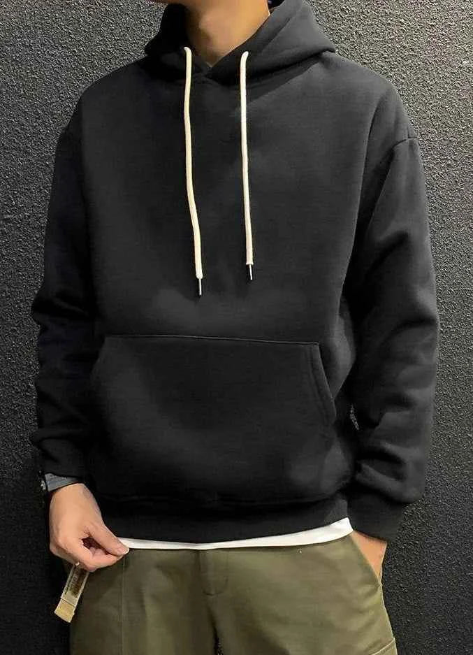 Men's Green Fleece Hooded Sweatshirt – Solid Color Casual Pullover Hoodie