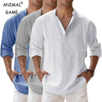 Men's Cotton Linen Henley Shirt – Lightweight Long Sleeve Beach Hawaiian Streetwear Top