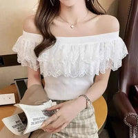 Women's Lace Ruffle Summer Blouse – Sweet Patchwork Knitted Tunic Top