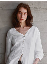 Women's Linen V-Neck Shirt – Premium White Retro Three-Quarter Sleeve Top