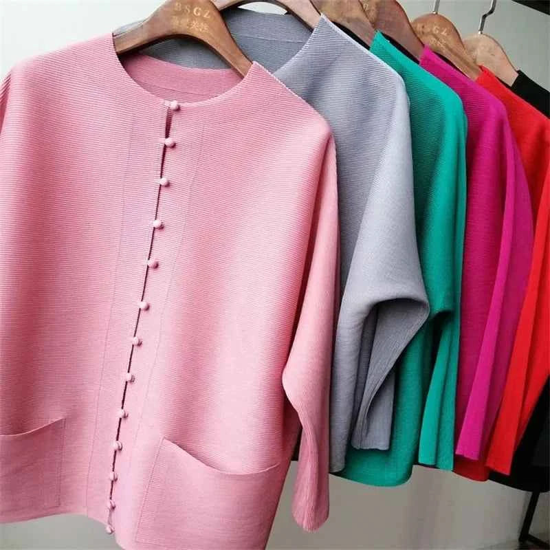 Women's Bat Sleeve Pleated T-Shirt Jacket – Loose Fit Single Breasted Top