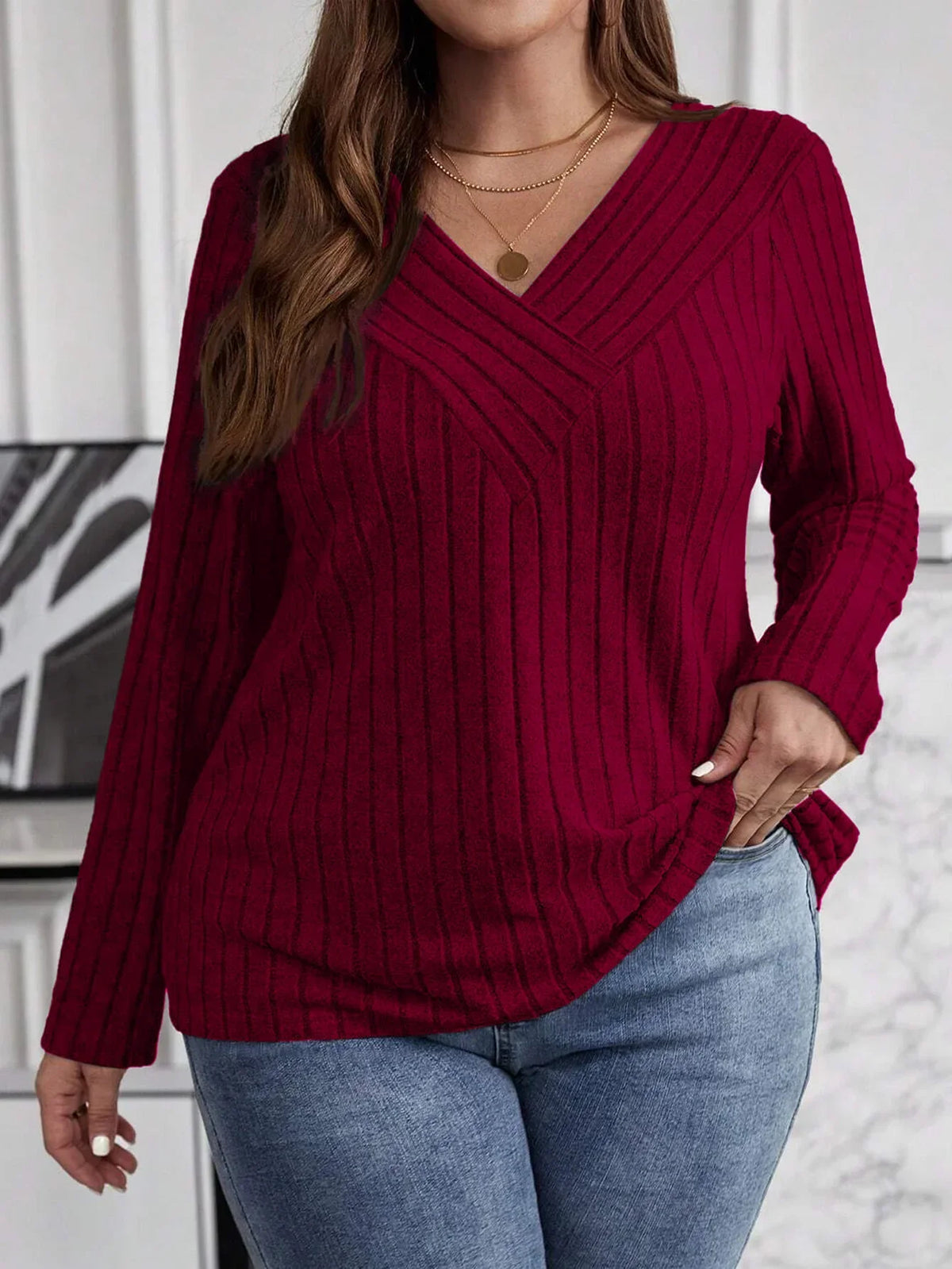 Women's Plus Size V-Neck Sweater – Solid Color Long Sleeve Pullover Top