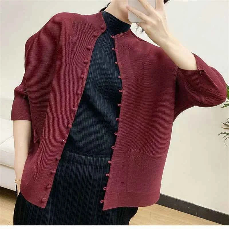 Women's Bat Sleeve Pleated T-Shirt Jacket – Loose Fit Single Breasted Top