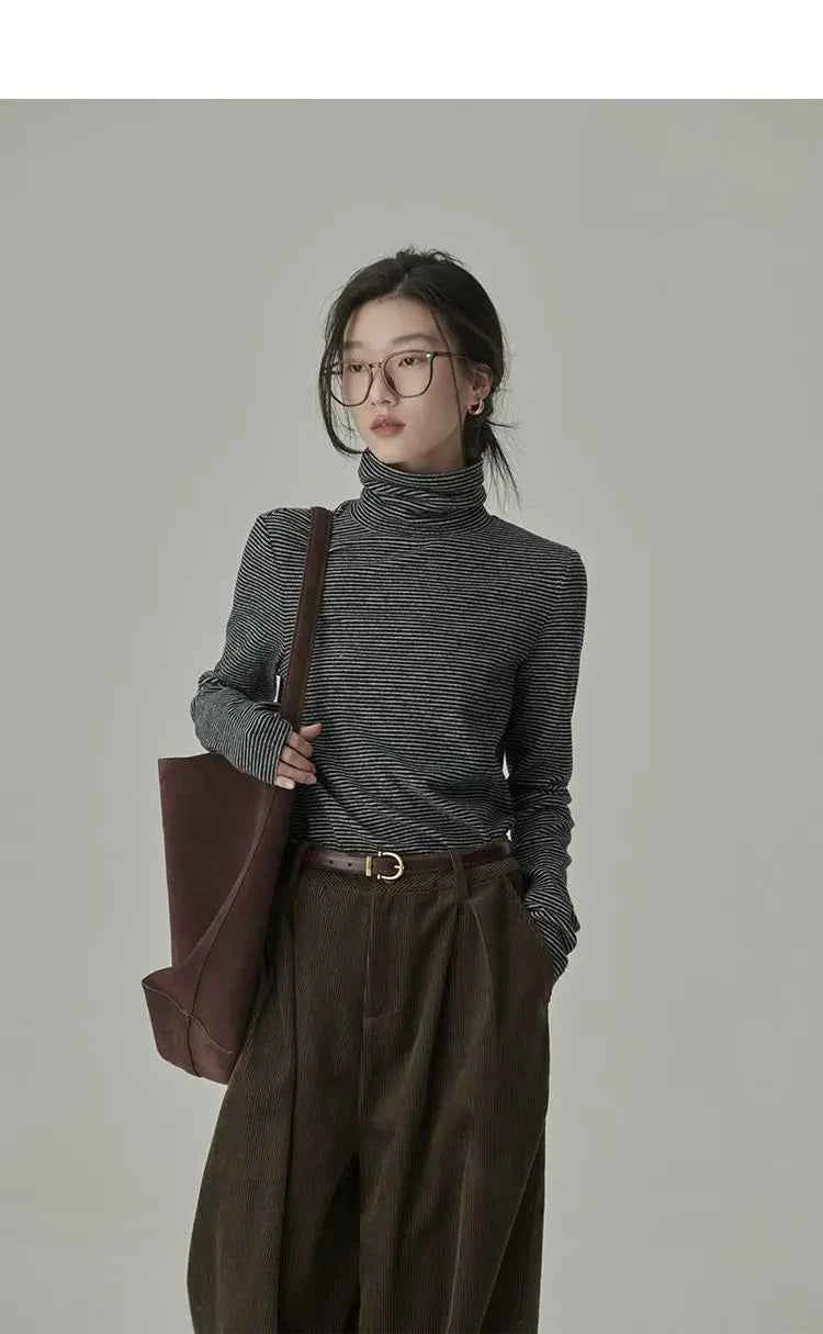 Women's Striped Long Sleeve Turtleneck T-Shirt – Cozy Elegant Korean Style Casual Spring T-Shirt