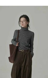 Women's Striped Long Sleeve Turtleneck T-Shirt – Cozy Elegant Korean Style Casual Spring T-Shirt