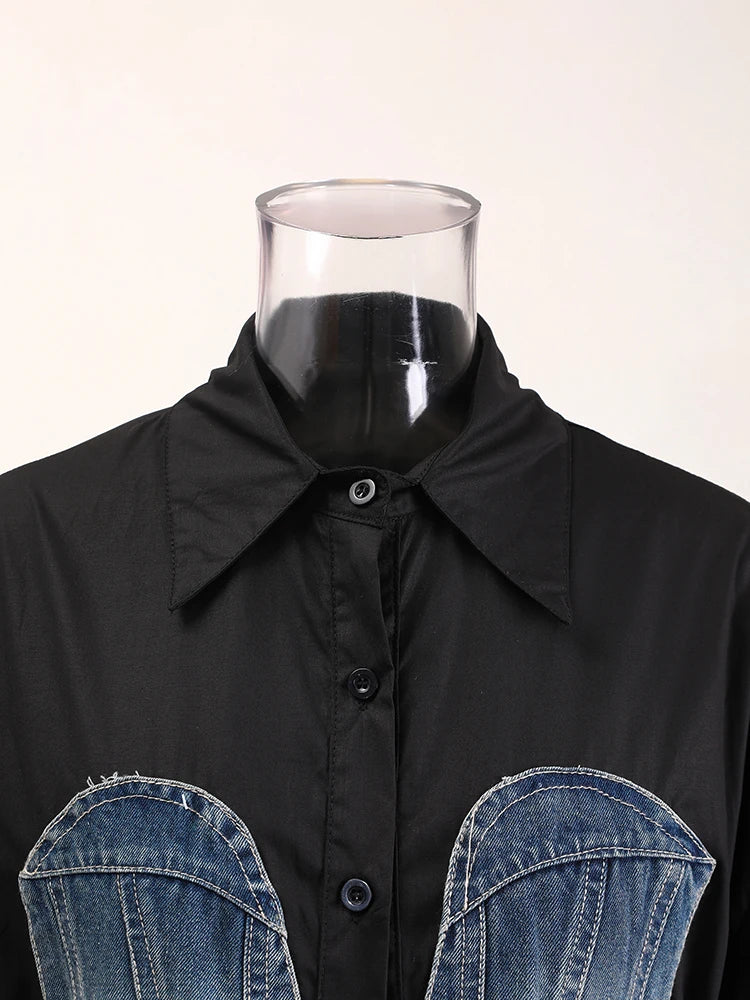 Women's Striped Denim Spliced Blouse – Elegant Lapel Long Sleeve Shirt 2026