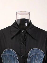 Women's Striped Denim Spliced Blouse – Elegant Lapel Long Sleeve Shirt 2026