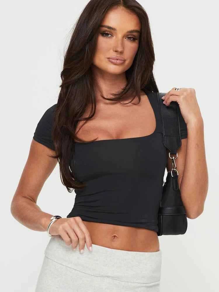 Women's Y2K U-Neck Crop Top – Slim Short Sleeve Casual Tee