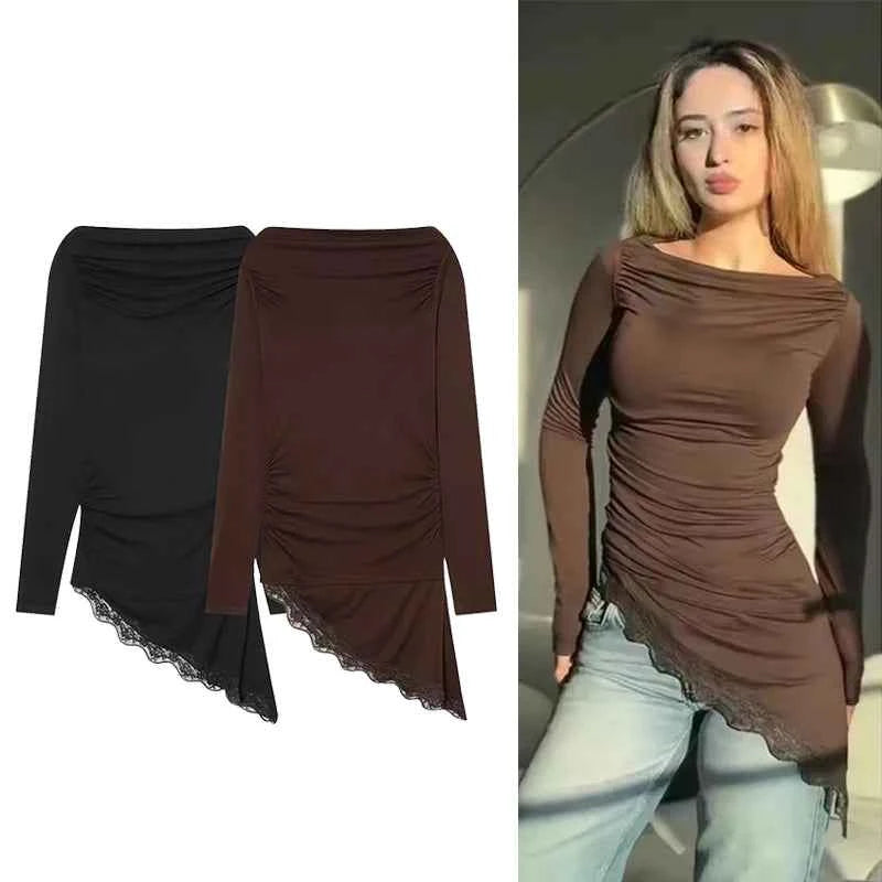 Women's lace hem long sleeve t-shirt – Elegant Casual Top with Feminine Detail