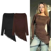 Women's lace hem long sleeve t-shirt – Elegant Casual Top with Feminine Detail