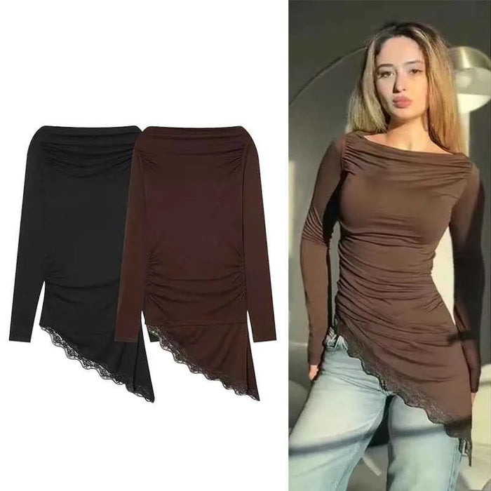 Women's lace hem long sleeve t-shirt – Elegant Casual Top with Feminine Detail