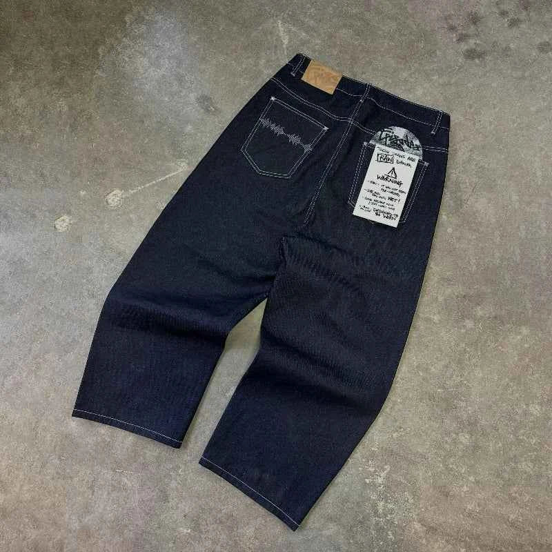 Retro Black Embroidered Wide Leg Jeans – Hip Hop Harajuku Streetwear Pants