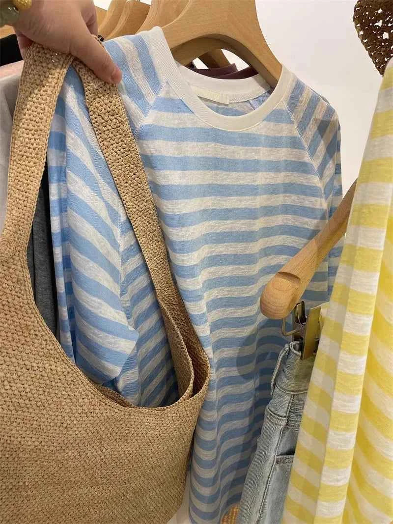 Women's Striped Loose Fit Summer T-Shirt – Trendy Korean Style Sun-Proof Summer Top