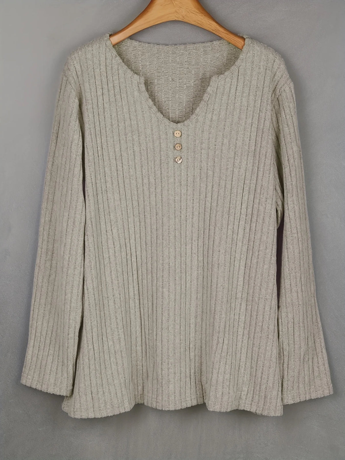 Women's Plus Size Ribbed V-Neck Top – Soft Long Sleeve Button Detail Shirt