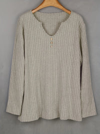 Women's Plus Size Ribbed V-Neck Top – Soft Long Sleeve Button Detail Shirt