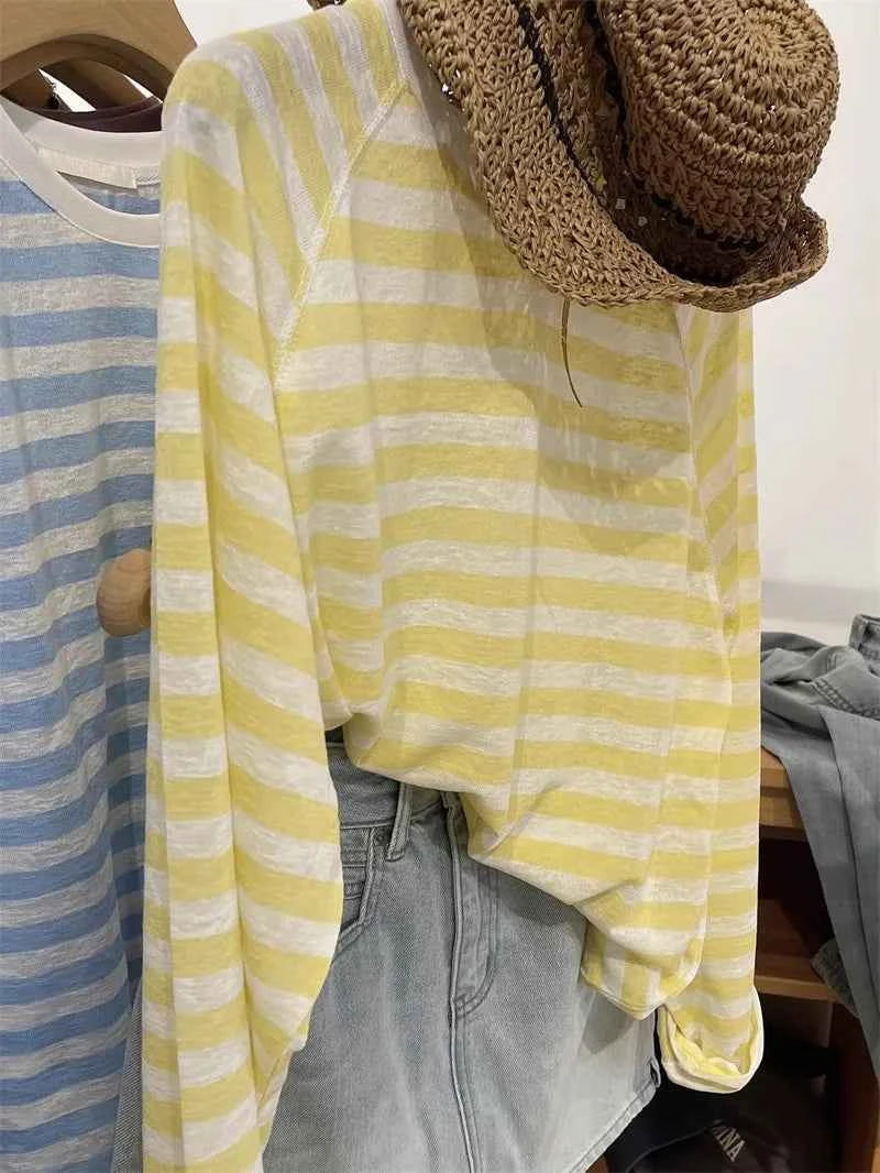Women's Striped Loose Fit Summer T-Shirt – Trendy Korean Style Sun-Proof Summer Top