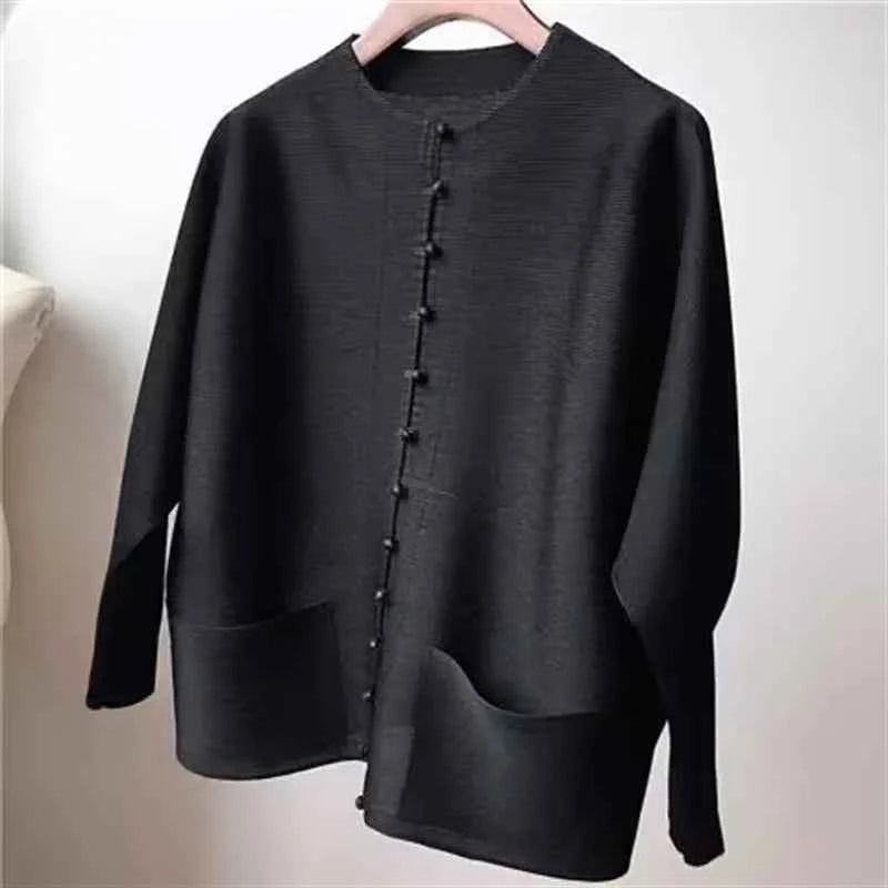 Women's Bat Sleeve Pleated T-Shirt Jacket – Loose Fit Single Breasted Top
