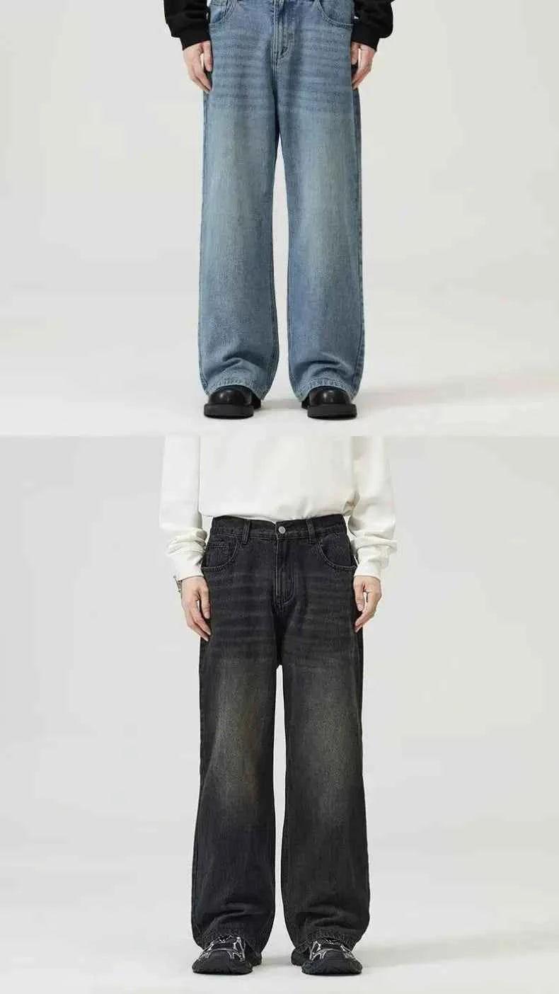 Men's Black Wide Leg Retro Jeans – Washed Loose Straight Cleanfit Denim Pants