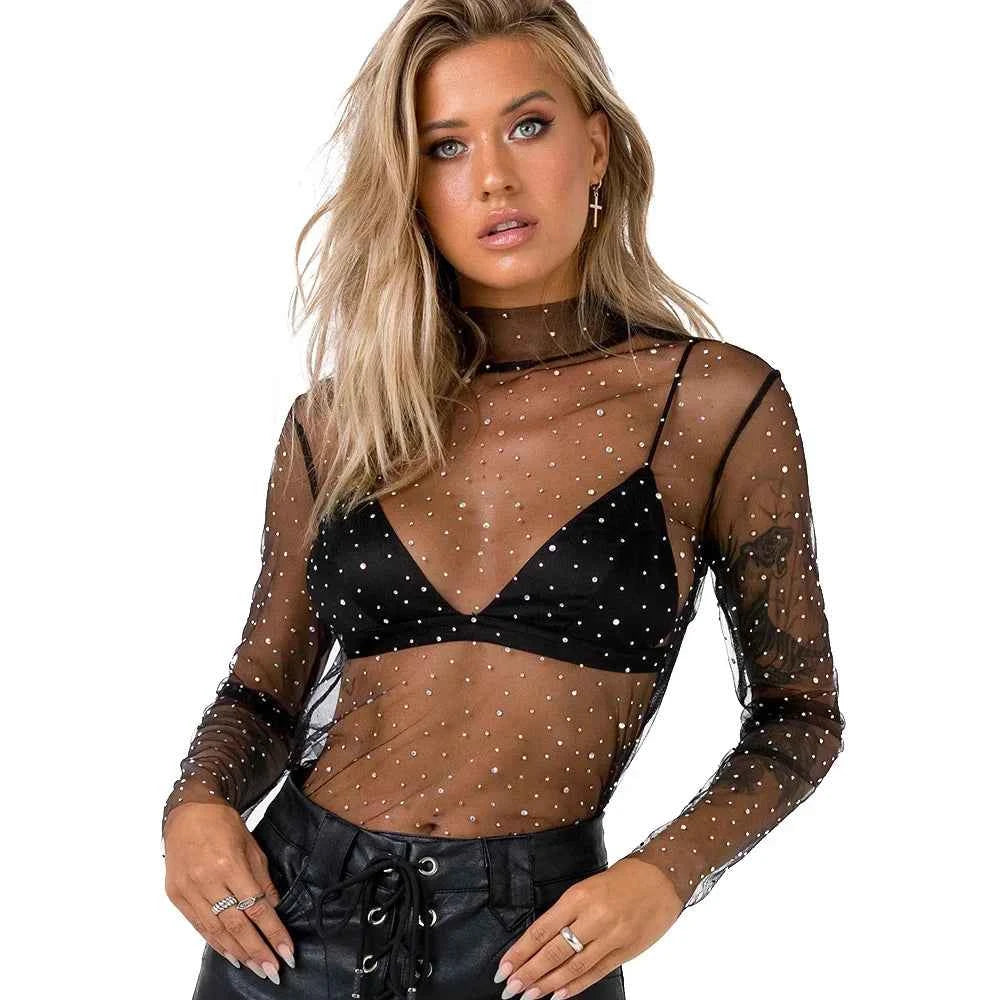Women's Lace Mesh Sheer Crop Top – Rhinestone Turtleneck Long Sleeve Cover Up