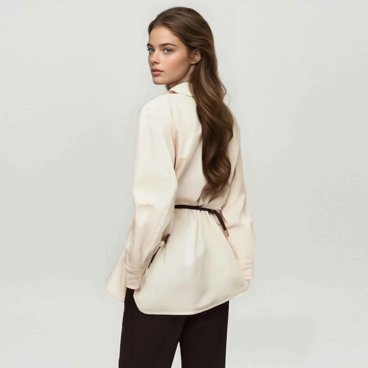 Women's Embroidered V-Neck Office Shirt – Elegant Belted Long Sleeve Office Top