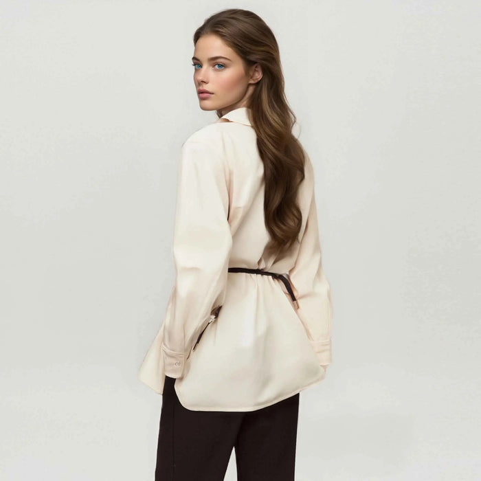 Women's Embroidered V-Neck Office Shirt – Elegant Belted Long Sleeve Office Top
