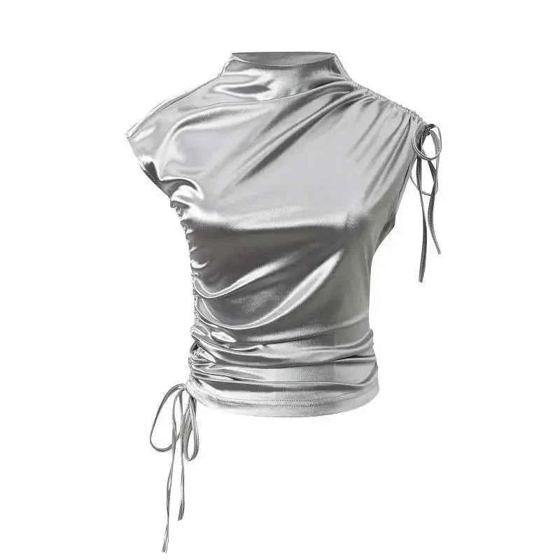 Women's Slim Fit Shirring T-Shirt Short Sleeve – Half Turtleneck Chic Streetwear Top