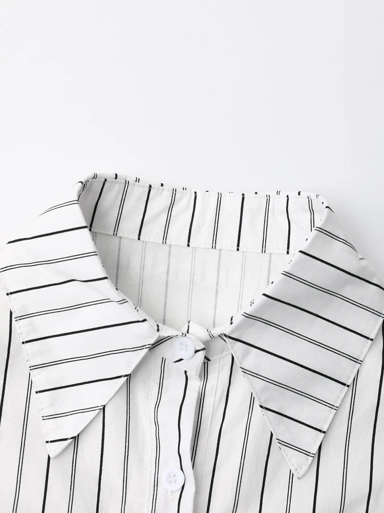 Women's Striped Denim Spliced Blouse – Elegant Lapel Long Sleeve Shirt 2026