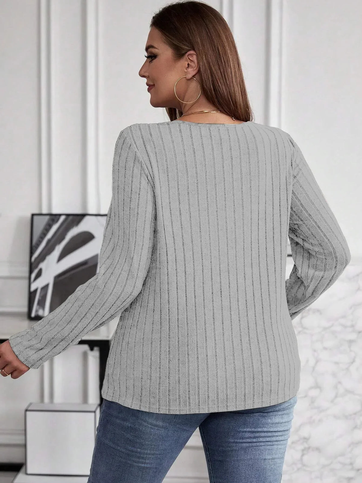 Women's Plus Size V-Neck Sweater – Solid Color Long Sleeve Pullover Top