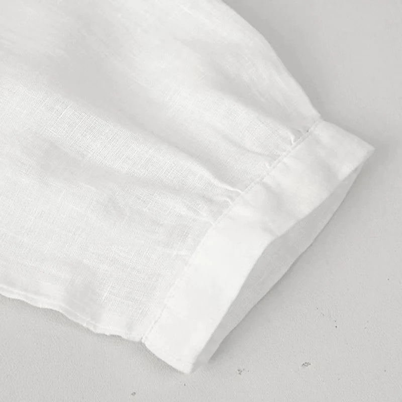 Women's Linen V-Neck Shirt – Premium White Retro Three-Quarter Sleeve Top