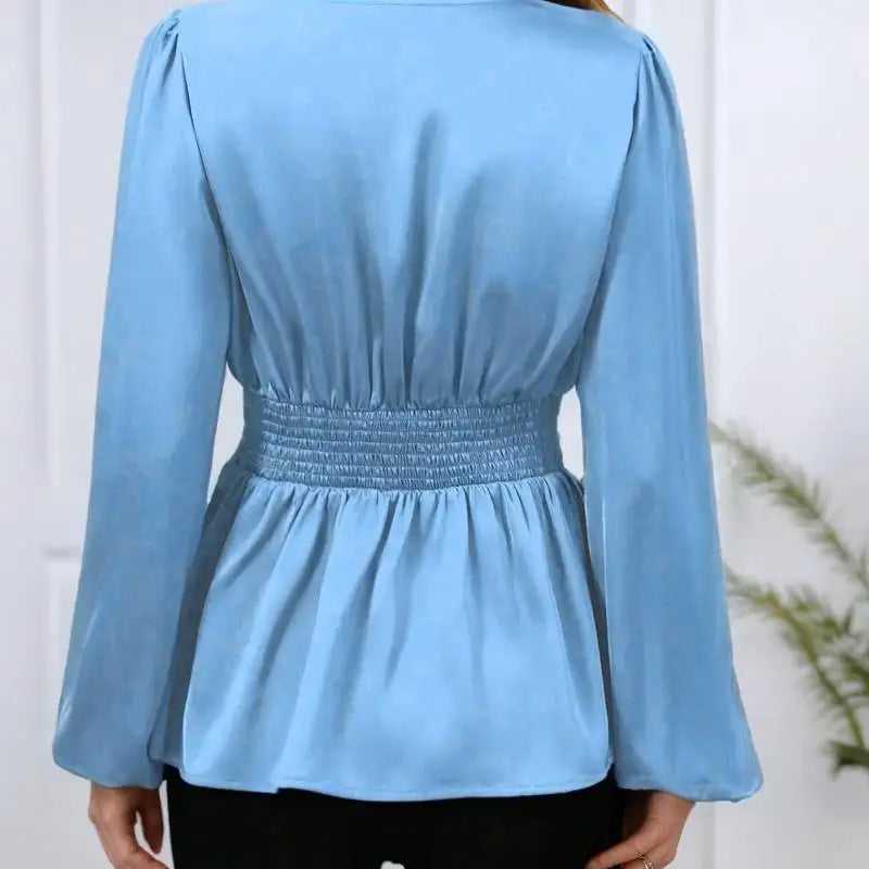 Women's Pleated Cinched Waist Shirt – Elegant Long Sleeve Slimming Top