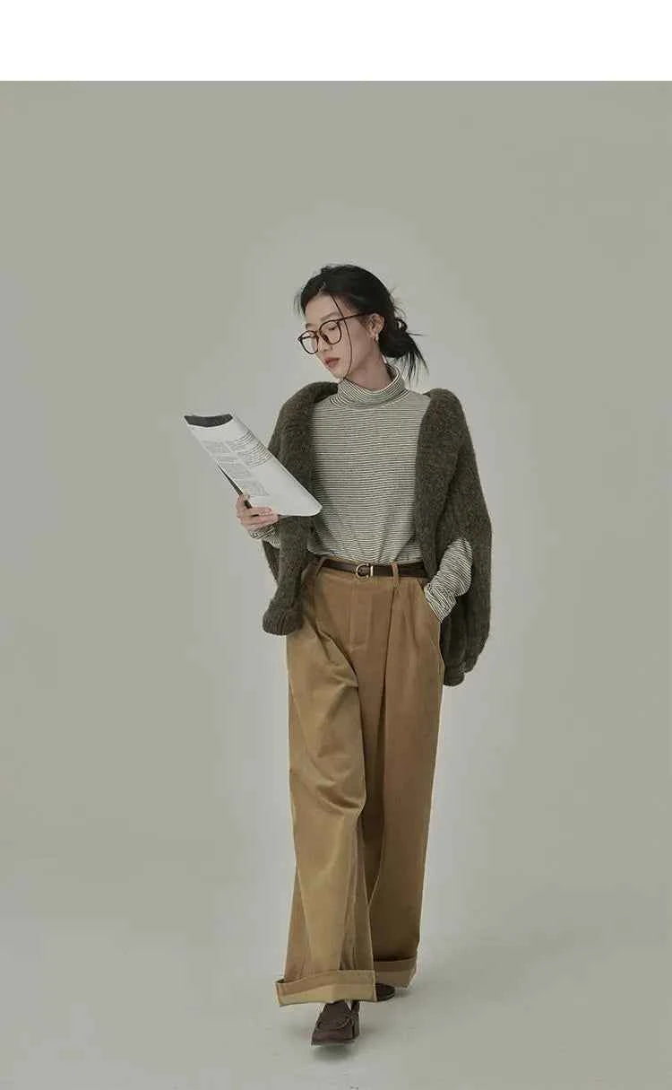 Women's Striped Long Sleeve Turtleneck T-Shirt – Cozy Elegant Korean Style Casual Spring T-Shirt