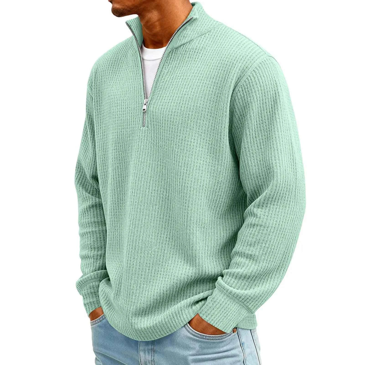 Men's Waffle Long Sleeve Polo T-Shirt – Casual Loose Fit Zipper Collar Sweatshirt