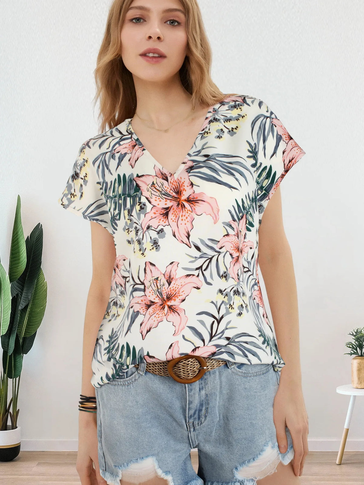 Women's Floral Batwing Sleeve Blouse – V Neck Loose Fit Summer Top