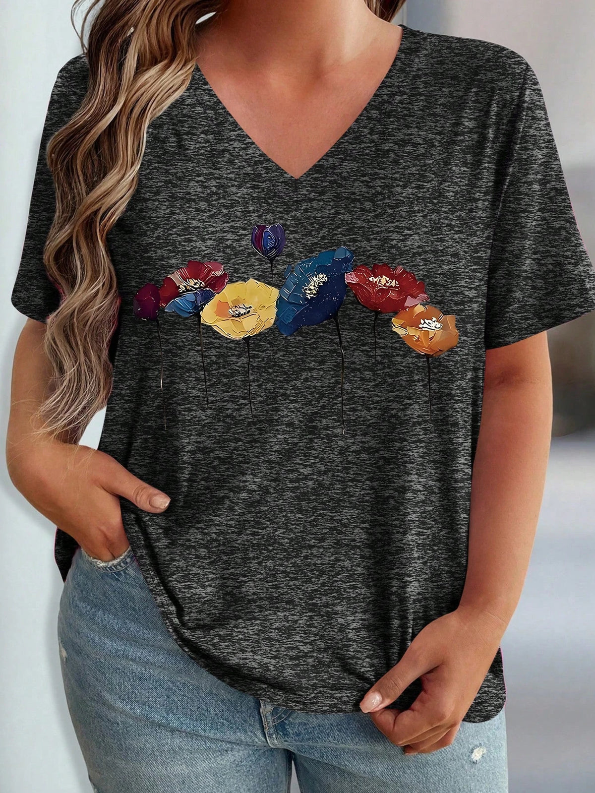 Women's Plus Size Floral T-Shirt – Casual Short Sleeve Summer Pullover Top