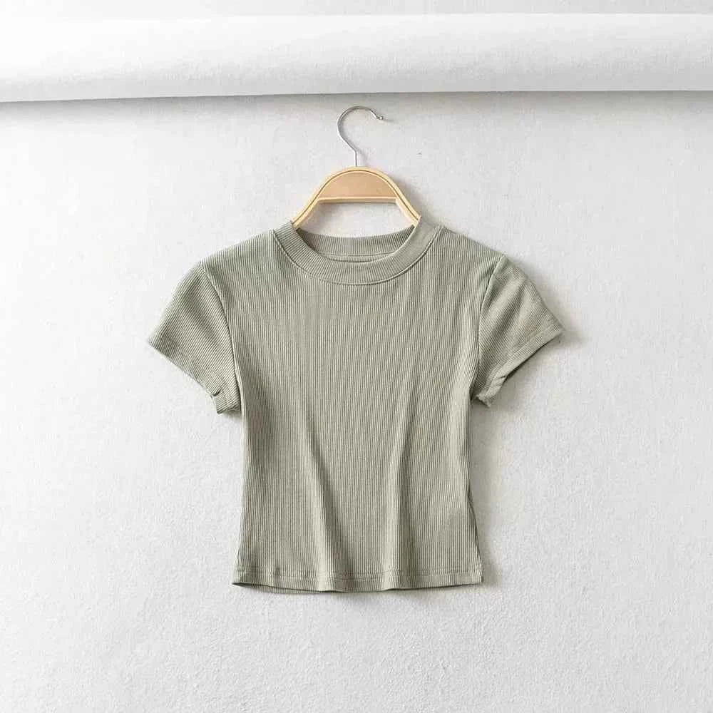 Summer Sexy Women O-neck Short-sleeve T-shirt Solid Color Basic Slim Elastic Skinny Crop Tops
