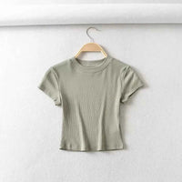 Summer Sexy Women O-neck Short-sleeve T-shirt Solid Color Basic Slim Elastic Skinny Crop Tops