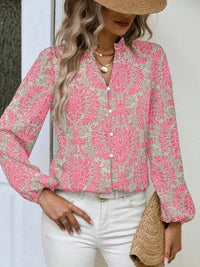 Women's Printed Lantern Sleeve V-Neck Shirt – V-Neck Embellished Button-Up Top