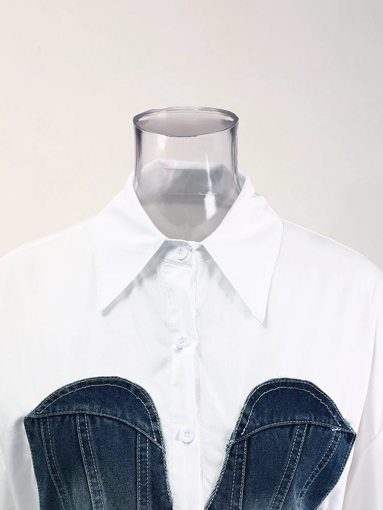 Women's Striped Denim Spliced Blouse – Elegant Lapel Long Sleeve Shirt 2026