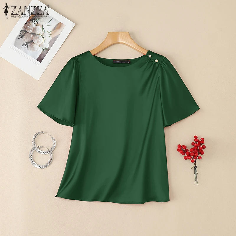 Women's Satin Office Blouse – Elegant Short Sleeve O-Neck Work Top 2025