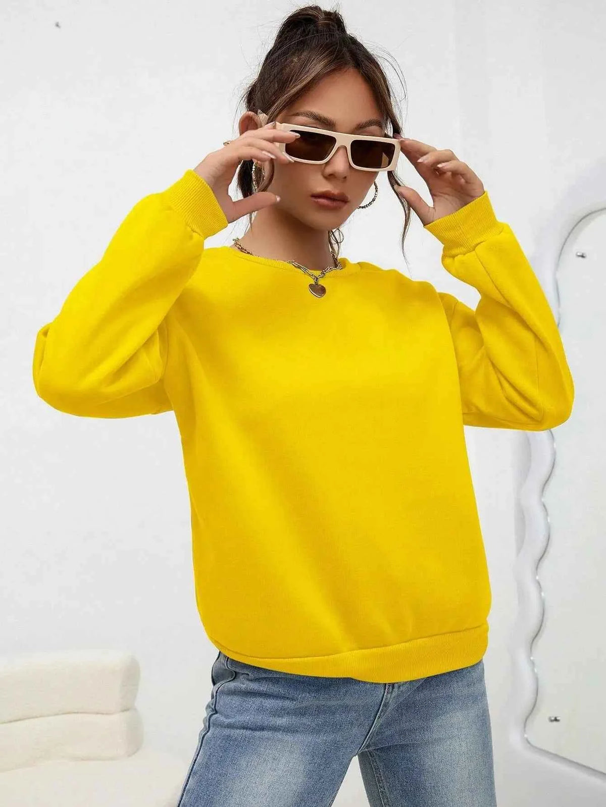Women's Casual Solid Color Sweatshirt – Loose Fit Crewneck Fashion Pullover