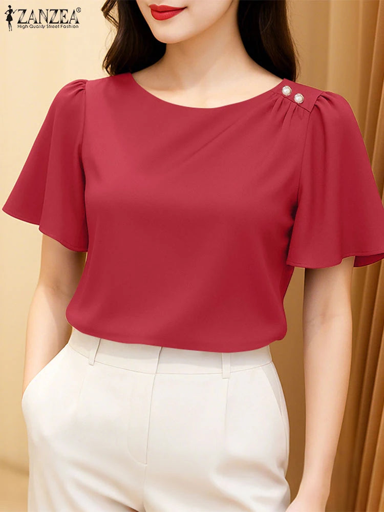 Women's Satin Office Blouse – Elegant Short Sleeve O-Neck Work Top 2025