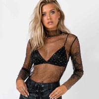 Women's Lace Mesh Sheer Crop Top – Rhinestone Turtleneck Long Sleeve Cover Up