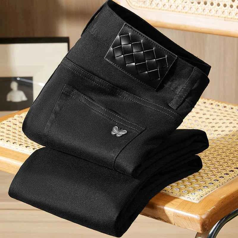 Men's Pure Black Slim Fit Jeans – Light Luxury Stretch Straight Leg Pants 2025