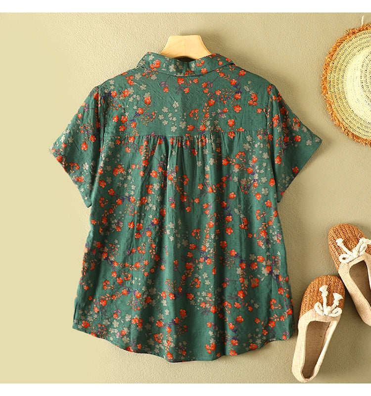 Women's Vintage Floral Print Blouse – Loose Short Sleeve Casual Summer Top