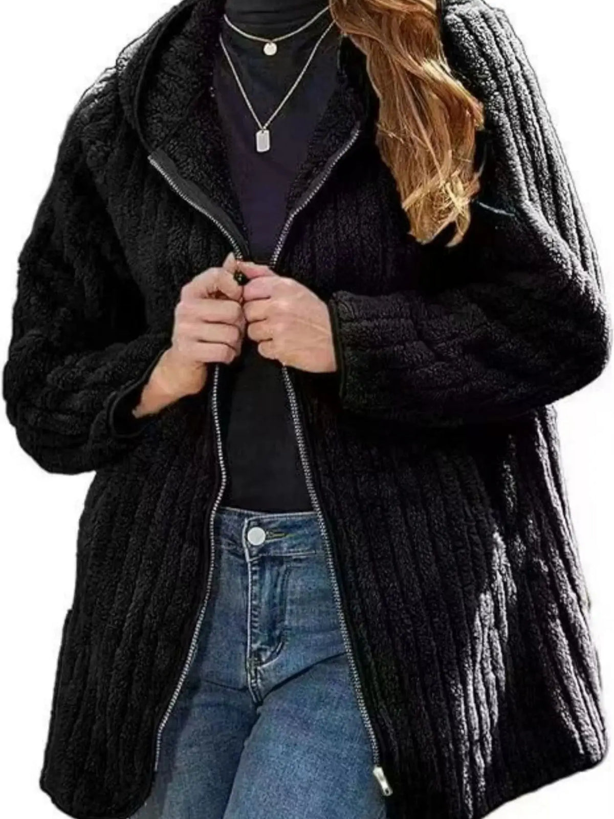 Women's Plus Size Teddy Zip Coat – Warm Hooded Winter Jacket with Pockets