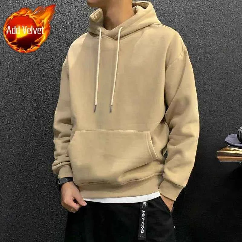 Men's Green Fleece Hooded Sweatshirt – Solid Color Casual Pullover Hoodie