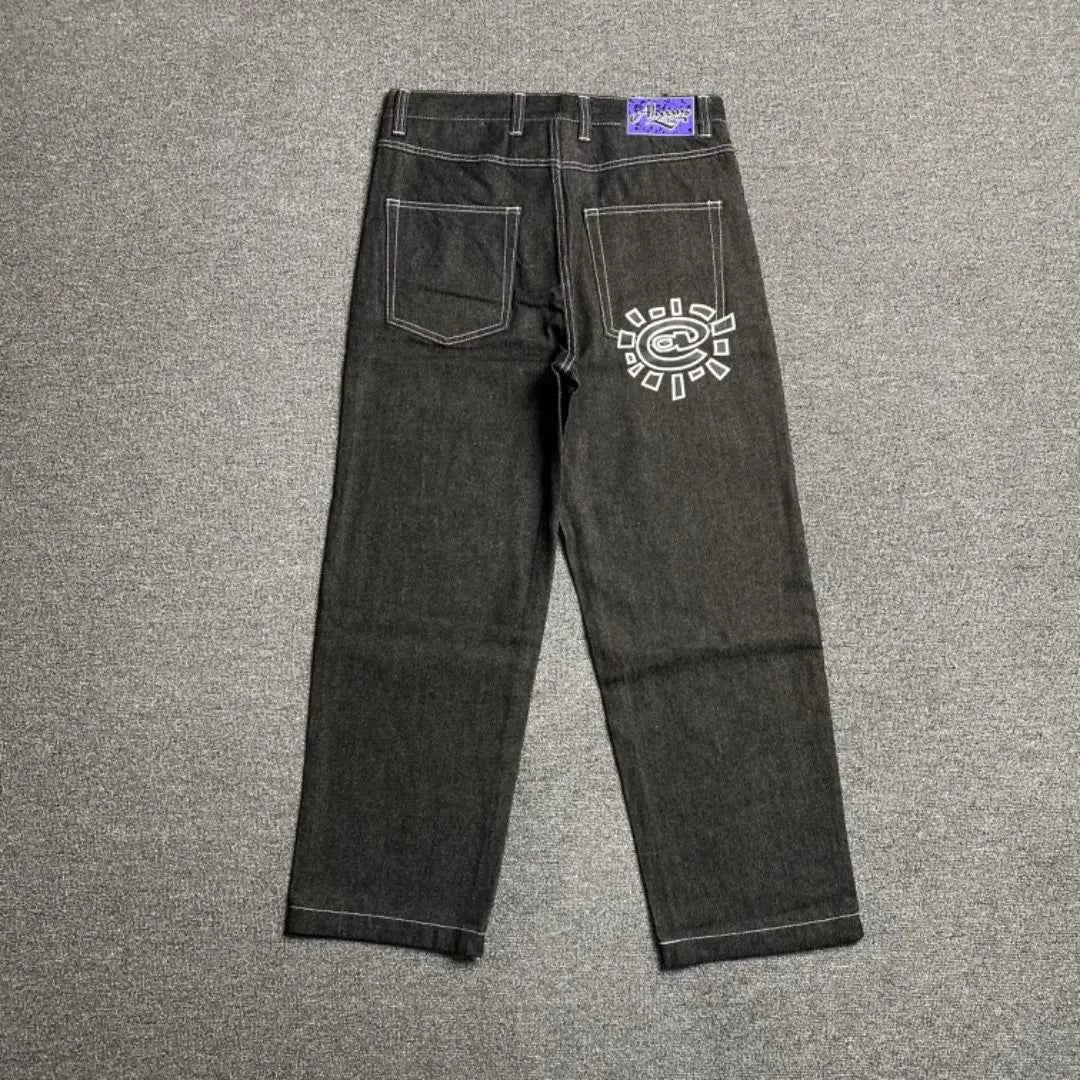 Men's Printed Embroidered Straight Jeans – Trendy Black Streetwear Denim Pants