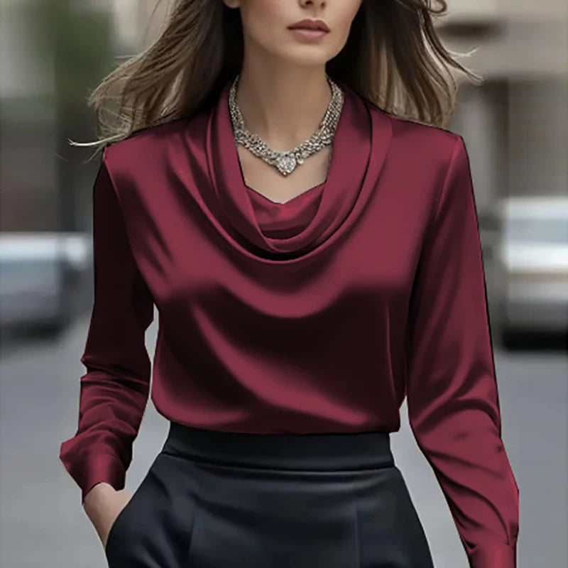 Women's Satin Long Sleeve Office Blouse – Elegant Solid Color Office Pullover