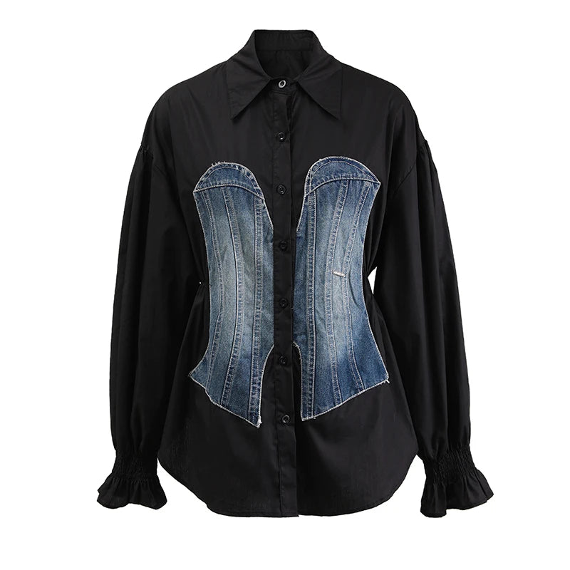 Women's Striped Denim Spliced Blouse – Elegant Lapel Long Sleeve Shirt 2026