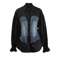 Women's Striped Denim Spliced Blouse – Elegant Lapel Long Sleeve Shirt 2026